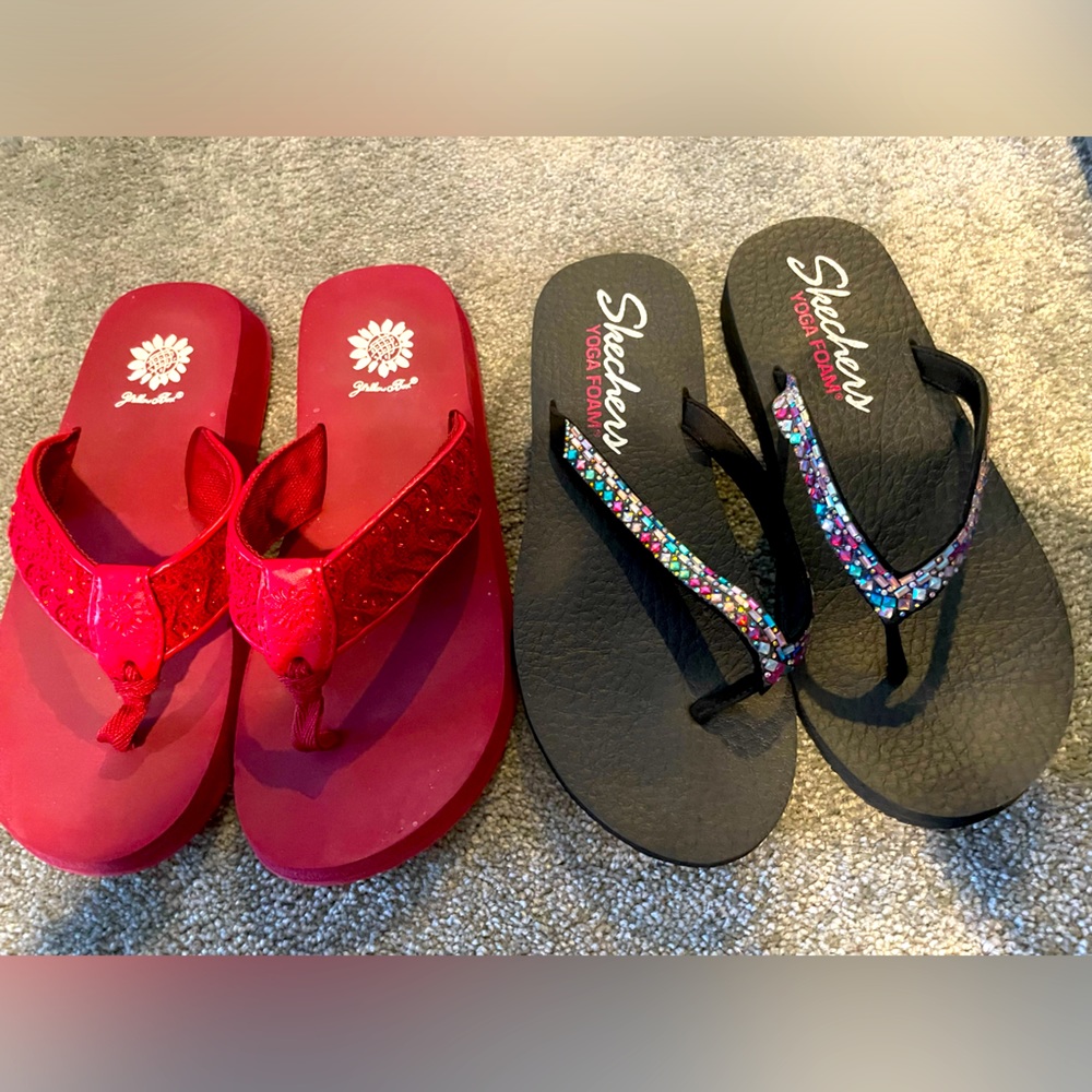 Yellow Box & Sketchers Flip Flops, size 9
